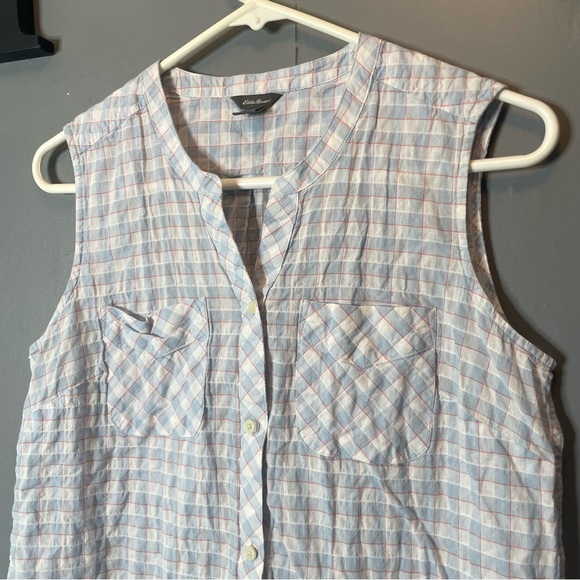 Eddie Bauer Sleeveless Blue/white/pink Checkered Button up Tank size medium - Picture 2 of 8
